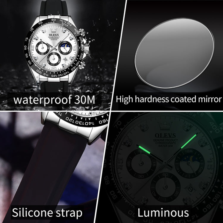 Men's multifunction sports chronograph quartz watch, black strap, silver case, luminous dial view