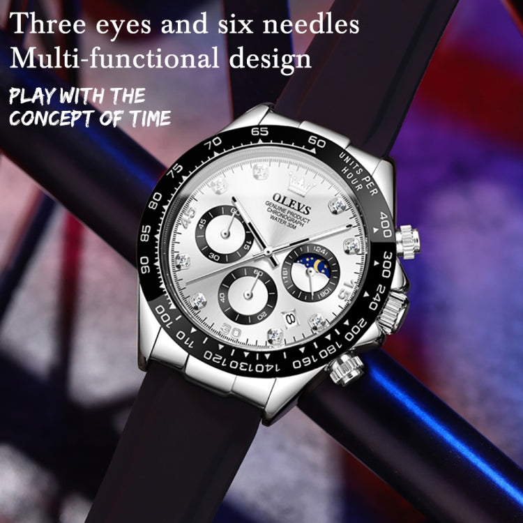 Men's multifunction sports chronograph quartz watch, angled view, white dial, black silicone strap