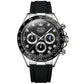 Multifunction sports chronograph quartz watch with black dial, metal bezel and black strap