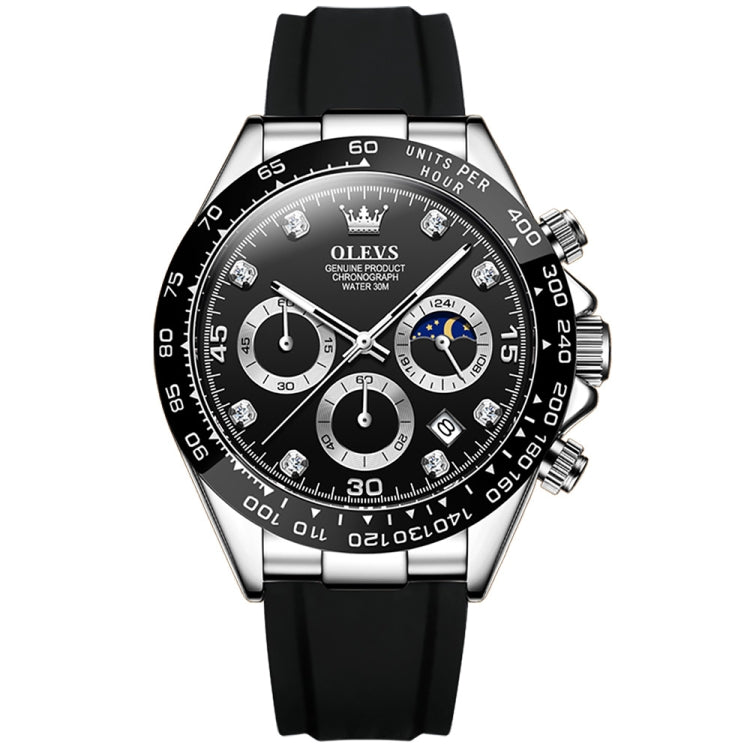 Multifunction sports chronograph quartz watch with black dial, metal bezel and black strap
