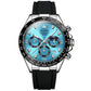 Multifunction sports chronograph quartz watch with blue dial, metal bezel and black strap