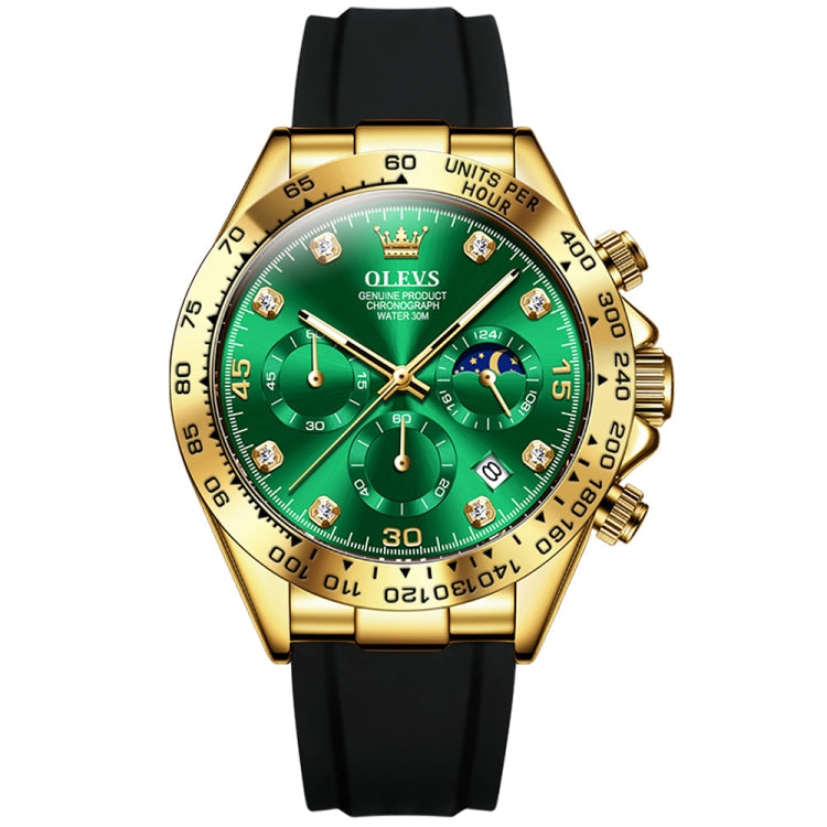 Multifunction sports chronograph quartz watch with green dial, gold-tone case and black strap