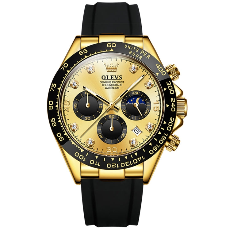Multifunction sports chronograph quartz watch with champagne dial, gold-tone case and black strap
