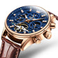 Mechanical watch angled view: blue skeleton dial, rose-gold case, brown leather strap, side buttons