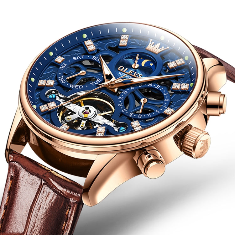 Mechanical watch angled view: blue skeleton dial, rose-gold case, brown leather strap, side buttons