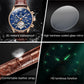 Blue dial mechanical watch with brown leather strap and rose-gold case, luminous hands