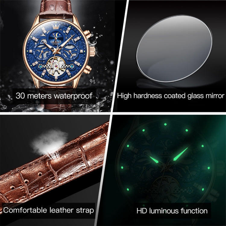 Blue dial mechanical watch with brown leather strap and rose-gold case, luminous hands