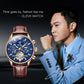 Men's mechanical watch with blue dial, rose-gold case, brown leather strap