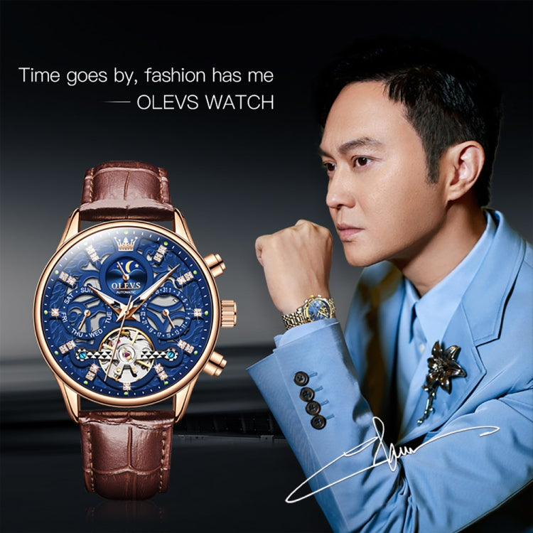 Men's mechanical watch with blue dial, rose-gold case, brown leather strap