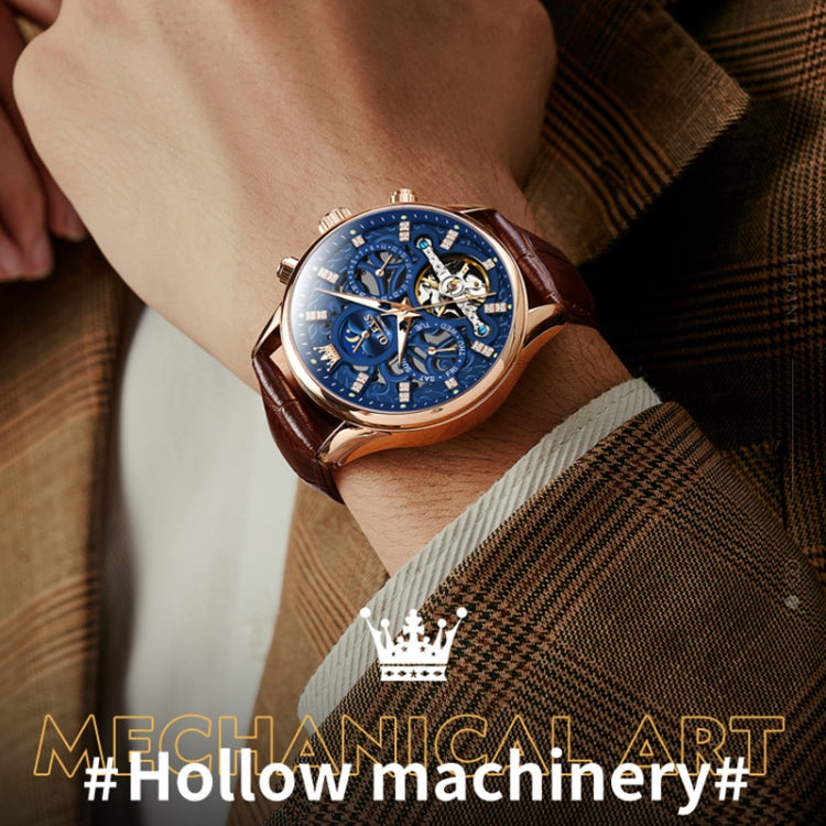 Mechanical watch on wrist with blue skeleton dial, rose-gold bezel, brown leather strap
