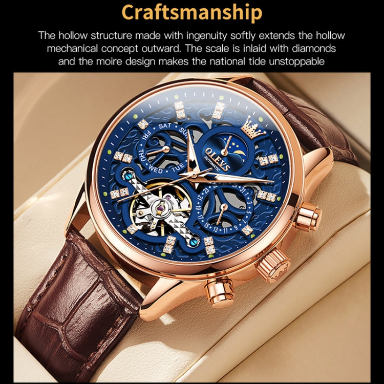 Mechanical watch with blue skeleton dial, rose-gold case, brown leather strap, multi-crown design