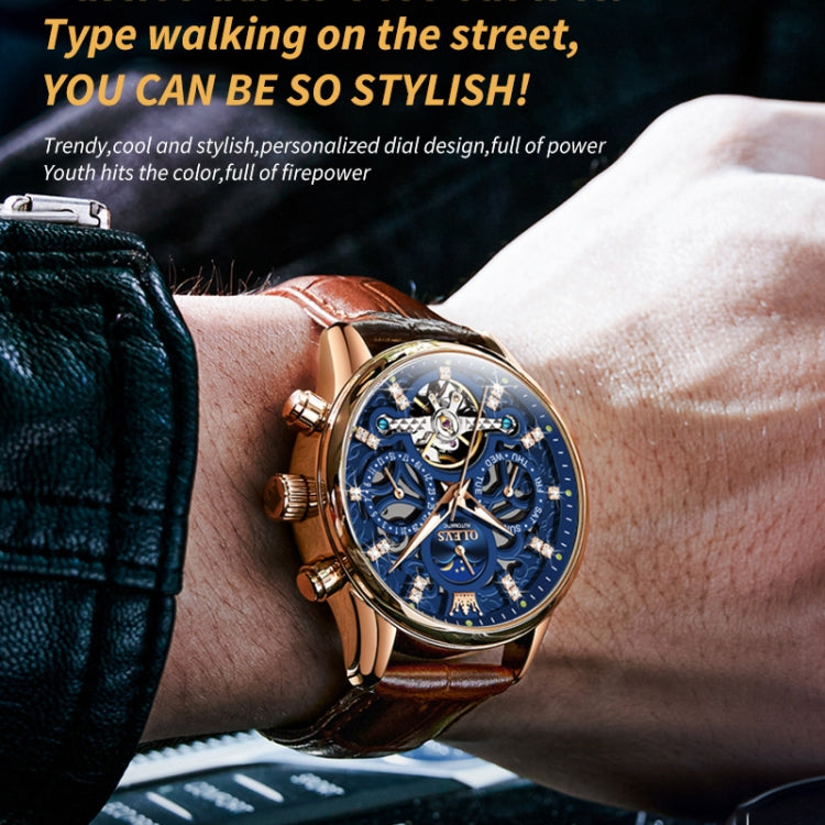 Mechanical watch on wrist with blue skeleton dial, brown leather strap, rose-gold case