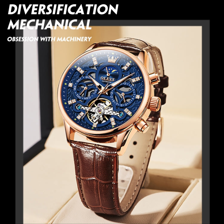 Mechanical watch front view with blue skeleton dial, rose-gold case, brown leather strap
