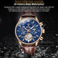Mechanical watch with blue skeleton dial, rose-gold case, brown leather strap, crown details