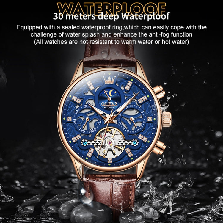Mechanical watch with blue skeleton dial, rose-gold case, brown leather strap, crown details