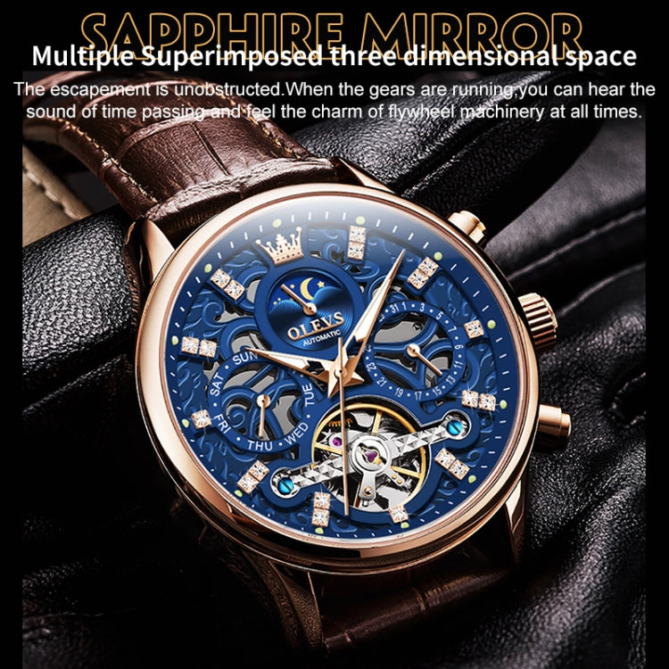 Close-up mechanical watch face with blue skeleton dial, rose-gold case, brown leather strap