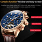 Mechanical watch close-up with blue dial, rose-gold case, brown leather strap, date window