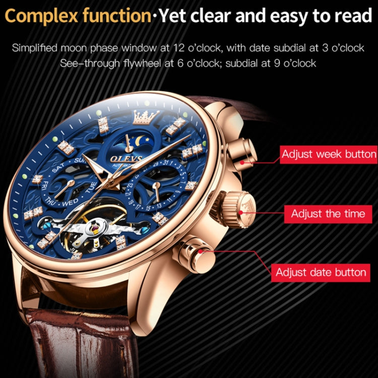 Mechanical watch close-up with blue dial, rose-gold case, brown leather strap, date window