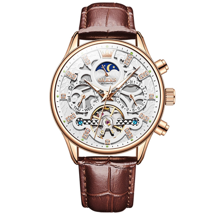White skeleton dial mechanical watch with brown leather strap and rose-gold case