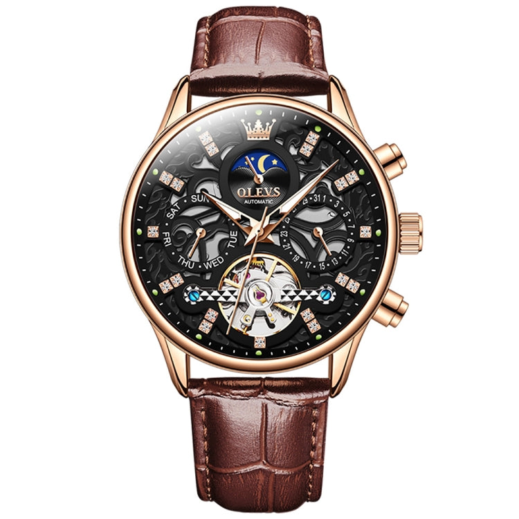 Black skeleton dial mechanical watch with brown leather strap and rose-gold case