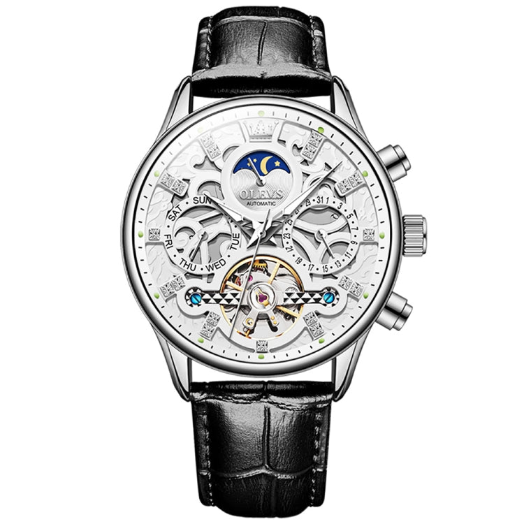 White skeleton dial mechanical watch with black leather strap and silver-toned case