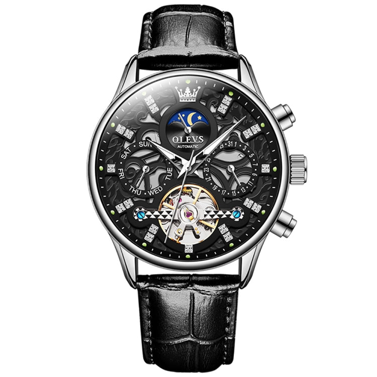 Black skeleton dial mechanical watch with black leather strap and silver-toned case