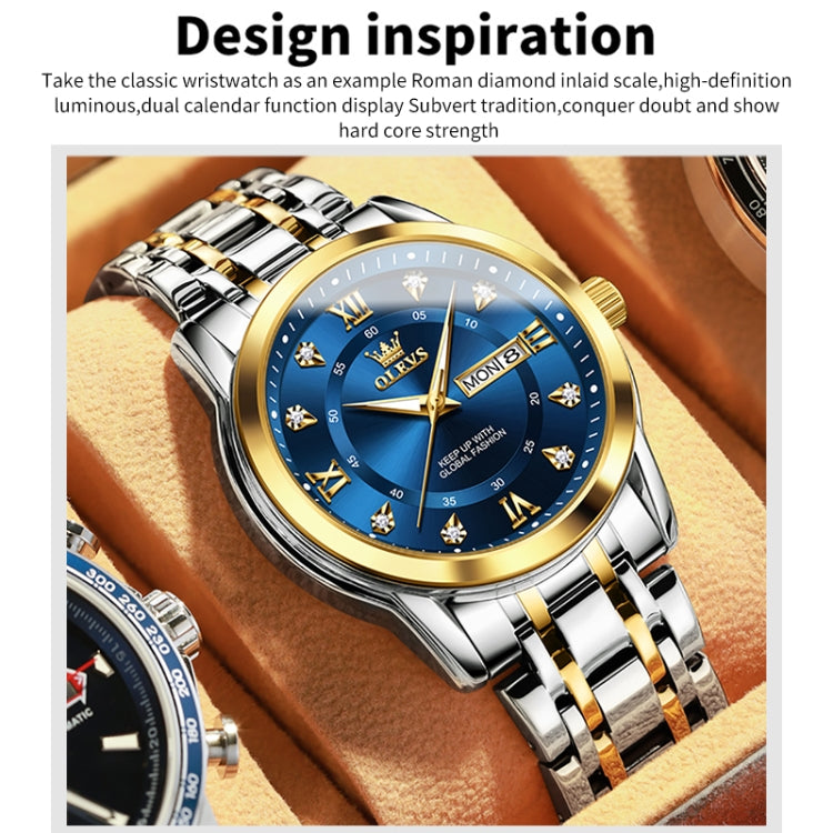 Polished two-tone quartz watch with blue dial, gold bezel, and stainless bracelet
