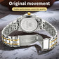 Back of two-tone stainless watch case with engraved movement and link bracelet