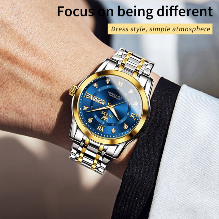 Two-tone men’s quartz watch with blue dial, gold bezel, and stainless bracelet on wrist