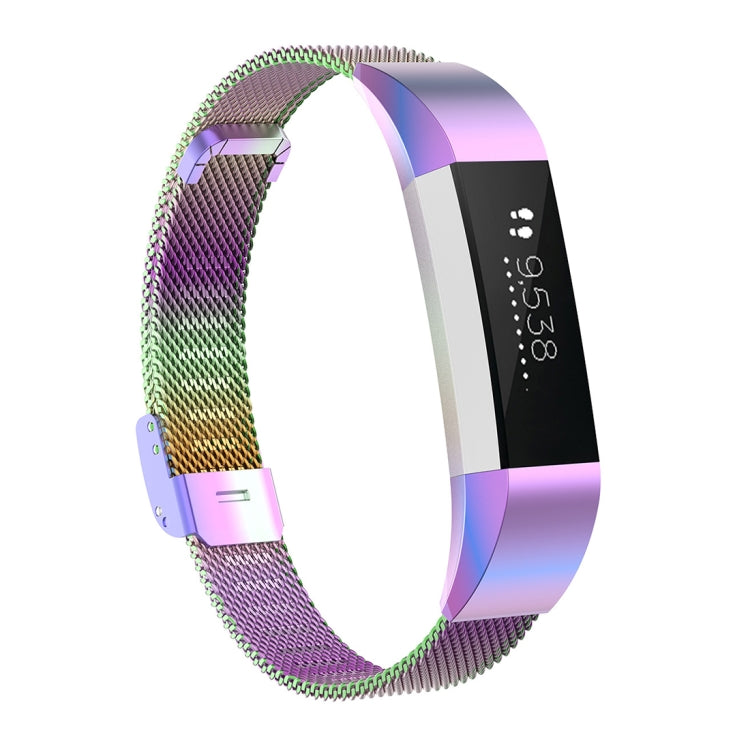 Colorful mesh metal watch strap replacement with buckle, rainbow gradient