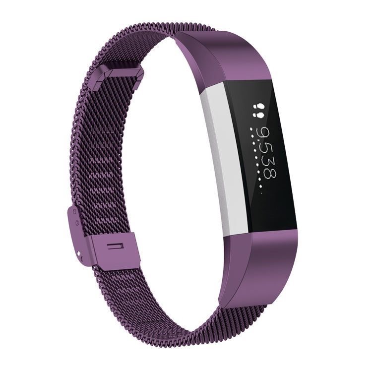 Purple mesh metal watch strap with rectangular clasp for Fitbit Alta