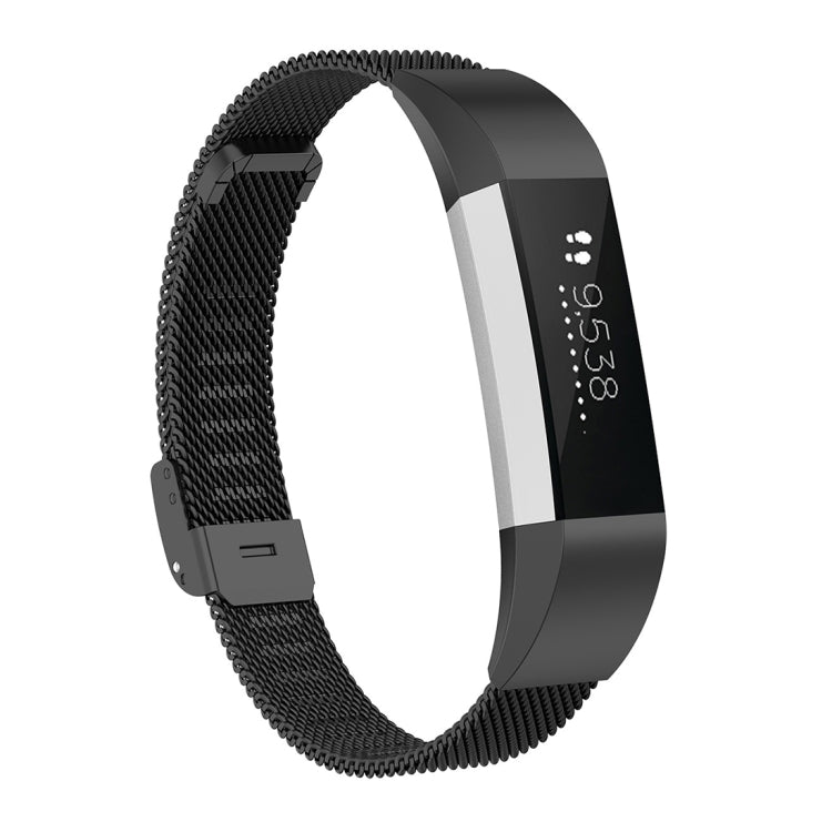 Black mesh metal watch strap with rectangular clasp for Fitbit Alta