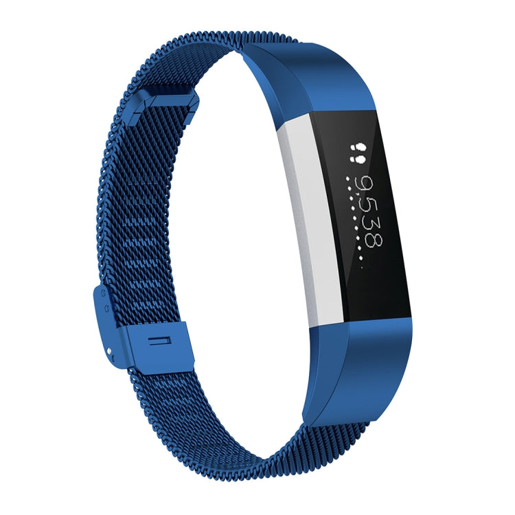 Blue mesh metal watch strap with rectangular clasp for Fitbit Alta