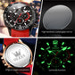 Men's sports quartz watch detail view: coated glass, stainless back, luminous green hands