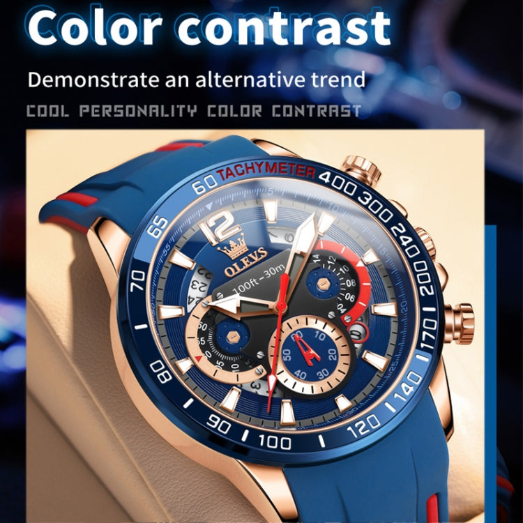 Blue sports quartz chronograph watch with tan dial accents, rose-gold case, red seconds detail