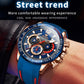 Blue silicone sports quartz chronograph watch on wrist with rose-gold case and silver pushers