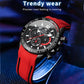 Men's sports quartz watch with black dial, red strap, multifunction chronograph subdials