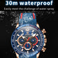 Men's sports quartz watch with blue dial, rose-gold accents, red subdials, waterproof design