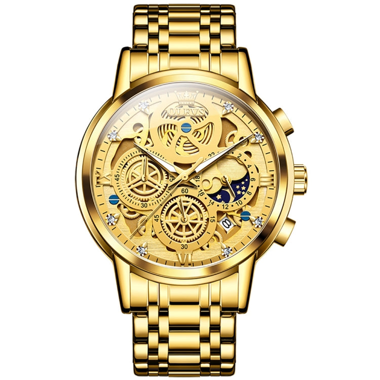 OLEVS men’s multifunction skeleton quartz watch, gold-tone metal bracelet and round case