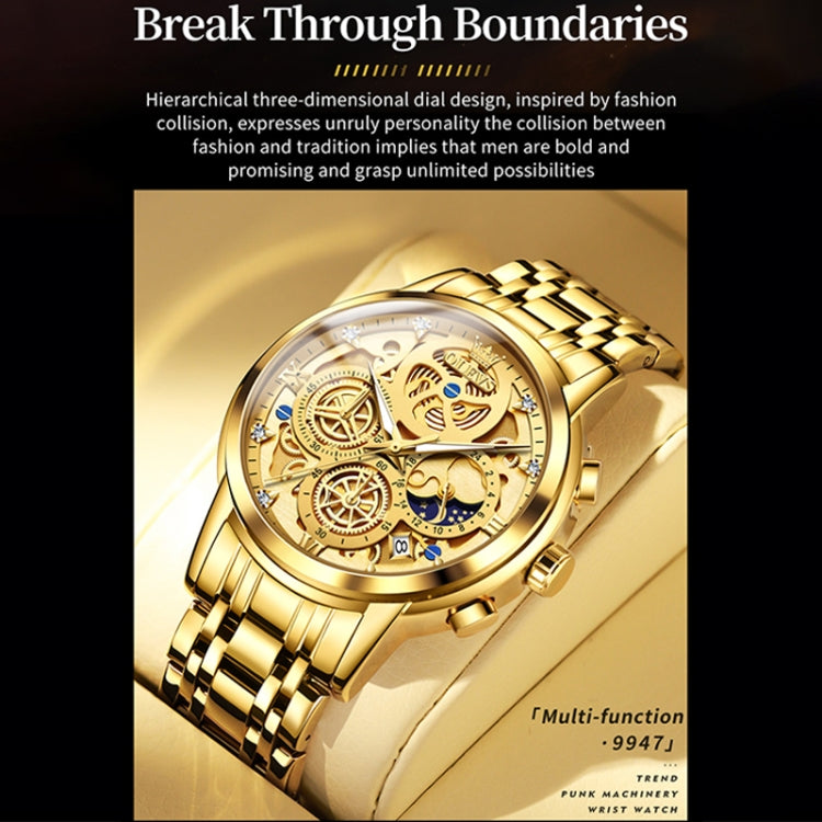 Gold-tone OLEVS multifunction skeleton watch on wrist, round case with crown on side
