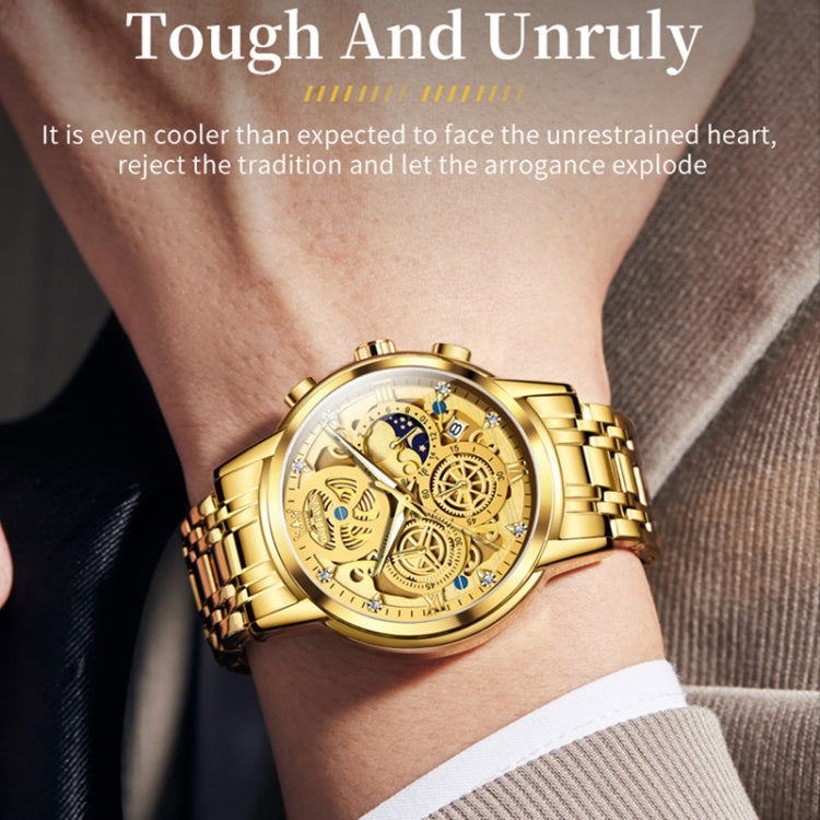 Gold-tone OLEVS multifunction skeleton quartz watch on wrist with metal link bracelet