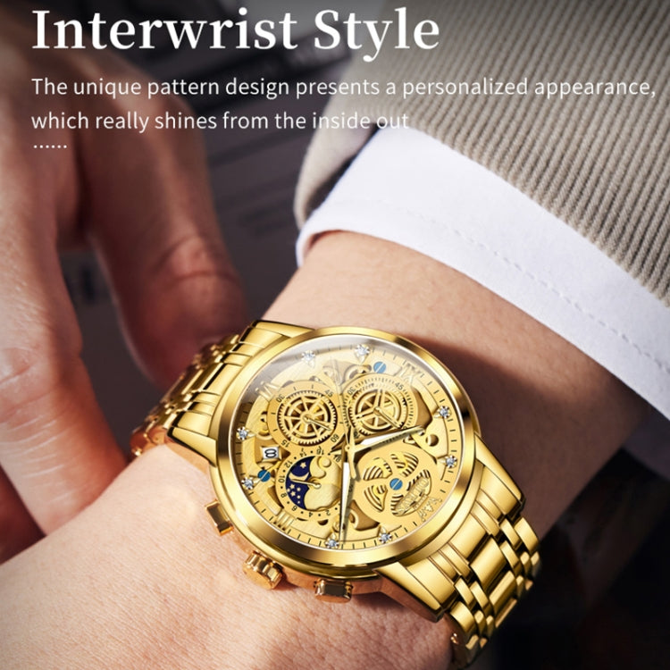 Gold-tone OLEVS multifunction skeleton quartz watch on wrist, angled view of dial and crown