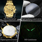 Gold-tone OLEVS watch details: dial view, case back, and luminous hands on quartz model