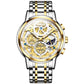 Two-tone men's quartz watch with white dial, gold bezel, metal link bracelet