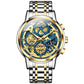 Two-tone men's quartz watch with blue dial, gold bezel, metal link bracelet