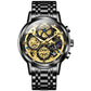 Black men's quartz watch with black dial, gold accents, metal link bracelet