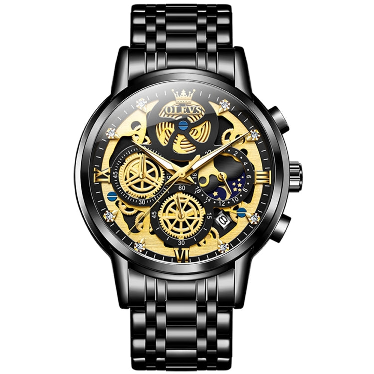 Black men's quartz watch with black dial, gold accents, metal link bracelet