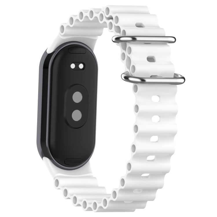 White silicone watch band with perforated links and metal clasp, side view