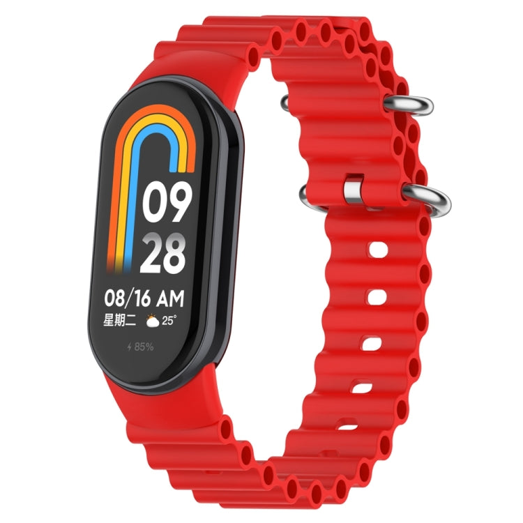 Red silicone watch band with perforated links and metal clasp for fitness tracker