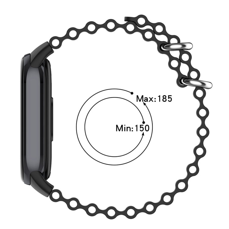 Black silicone watch band with adjustable size shown, metal clasp